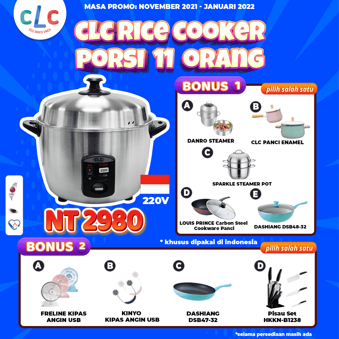 CLC Stainless Steel Rice Cooker 220V (SILVER)